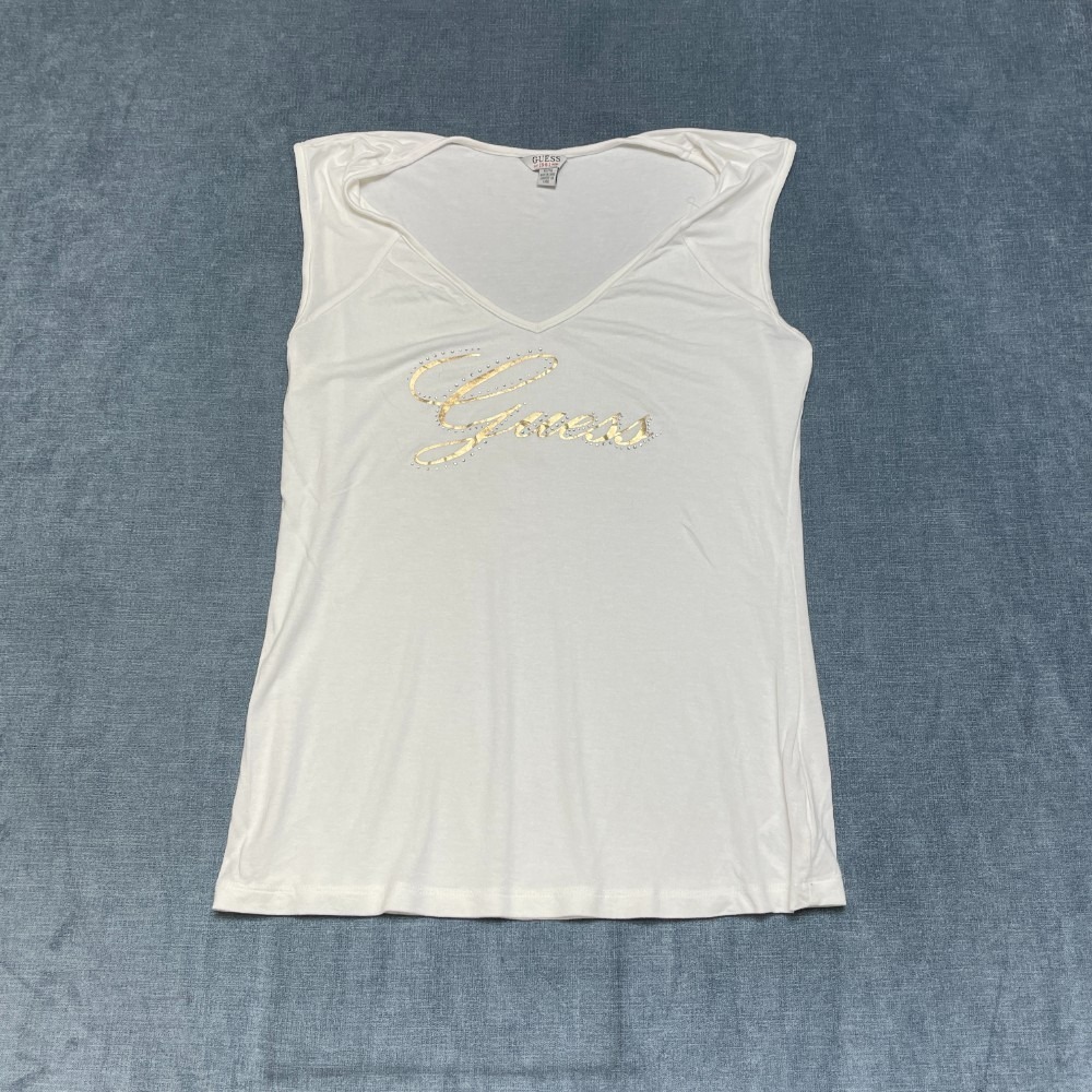 Guess Tank Top Women XL White Rhinestone Embellished Logo Summer V-Neck Pullover